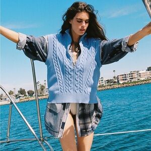 Free People | Lizzy Half Zip Vest Sweater Blue